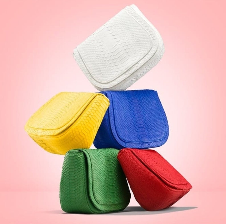 May include: Five different coloured handbags made of snakeskin. The handbags are stacked on top of each other. The colours are white, yellow, blue, green, and red.