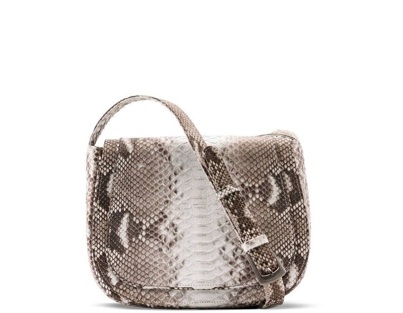 Pode incluir: Uma pequena bolsa de ombro de pele de cobra branca e marrom com fecho de aba e fivela prateada.