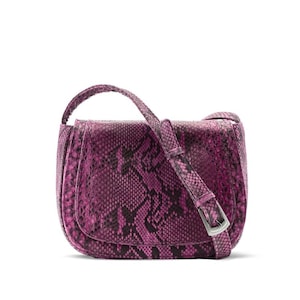 May include: A small, pink snakeskin crossbody bag with a silver buckle.