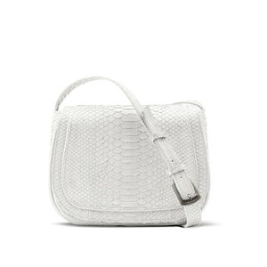 May include: A white snakeskin crossbody bag with a silver buckle.