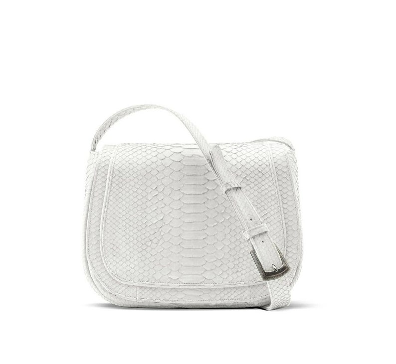 May include: A white snakeskin crossbody bag with a silver buckle.