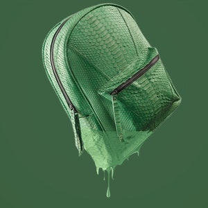 Pode incluir: Uma mochila de couro verde com um bolso com z&iacute;per e um design texturizado, escamoso. A mochila est&aacute; derretendo e pingando l&iacute;quido verde.