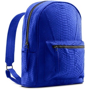 May include: A bright blue backpack made of snakeskin with a zippered front pocket.