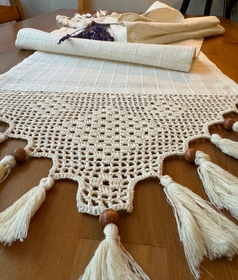 Natural Linen Table Runner, Crochet Tablecloth, Farmhouse Table Runner