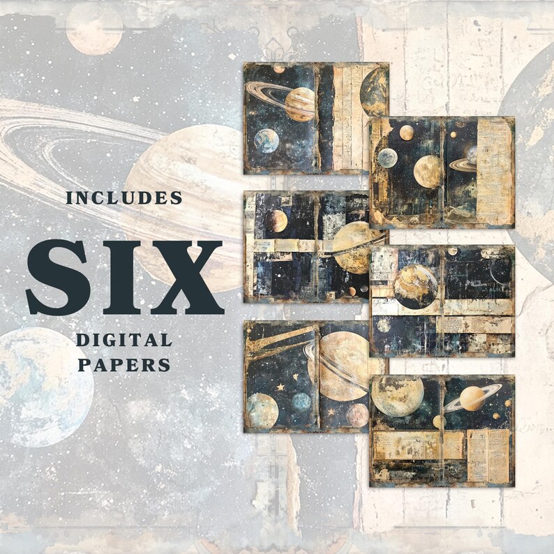 May include: Six digital papers featuring vintage illustrations of planets and stars on a dark blue background with gold accents. The text "INCLUDES SIX DIGITAL PAPERS" is printed on the image.
