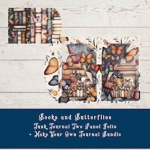 Pasta de diário Books and Butterflies Junk - Pasta de dois painéis + Kit para criar seu próprio diário - Digital, JPG, 300 DPI, 10 folhas bônus