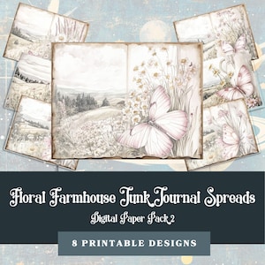 Florais de Fazenda | Páginas de Diário Vintage Caprichosas | 8 Papéis Digitais para Imprimir | Pacote com 1 11x8,5 polegadas, PDF e JPG 300 DPI