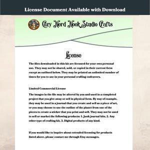 May include: A document outlining the license for a digital craft kit. The text states that the files are licensed for personal use only, but may be used for limited commercial purposes. The document also states that the files may not be used to sell junk journal kits, crafting kits, or digital products.