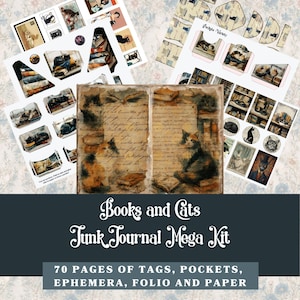 Puede incluir: Un mega kit de diario basura de estilo vintage con gatos y libros. El kit incluye etiquetas, bolsillos, efímeras, folio y papel. El texto "Books and Cats Junk Journal Mega Kit" se muestra en la imagen.