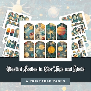 Pacote de etiquetas e rótulos celestiais: diário de lixo com tema espacial | Tema de corpos celestiais em cores | ARQUIVOS DIGITAIS | JPG