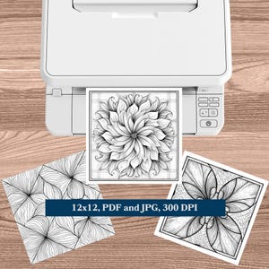 May include: A white printer sits on a wooden surface, with three black and white floral design prints. The prints are square, with intricate patterns. The text "12x12, PDF and JPG, 300 DPI" is displayed on a dark blue banner.