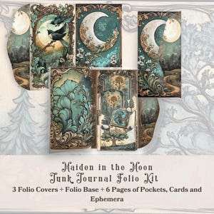 Könnte beinhalten: Ein Junk Journal Folio-Set mit drei Umschlägen, die eine Sichelmond, Vögel und Blumenmuster zeigen. Das Set enthält eine Folio-Basis und sechs Seiten mit Taschen, Karten und Ephemera. Das Set trägt den Titel "Maiden in the Moon Junk Journal Folio Kit".