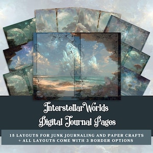 May include: A collection of digital journal pages with fantasy landscape art. The pages feature a variety of scenes with a celestial theme, including oceans, mountains, and skies. The text reads "Interstellar Worlds Digital Journal Pages".