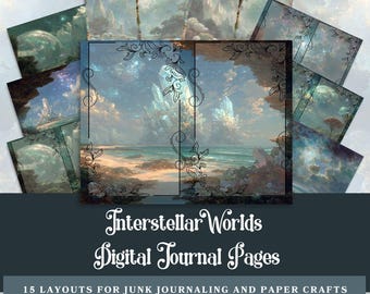Interstellar Worlds Junk Journal Pages: Celestial Planets and Space Theme (11x8.5 Inches, Digital Download)