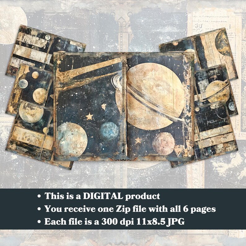 May include: Six pages of a vintage book with a dark blue background and gold and white planets and stars. Each page is 11 inches by 8.5 inches and 300 dpi.