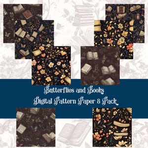 Papier à motifs floraux | Papillons et livres | Comprend 8 motifs et feuilles de papier à motifs |, 12 x 12 pouces, 300 ppp, JPG