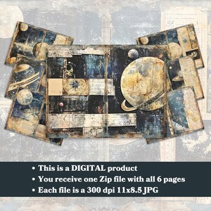 May include: Six digital scrapbook pages featuring a vintage style celestial theme with planets, stars, and moons in shades of blue, brown, and gold.