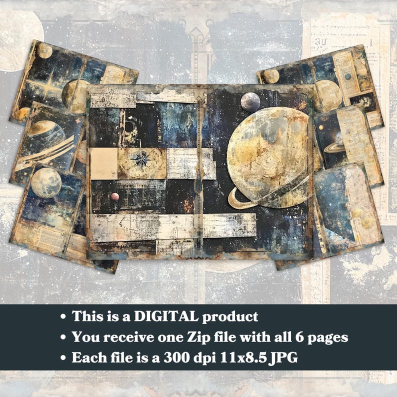 May include: Six digital scrapbook pages featuring a vintage style celestial theme with planets, stars, and moons in shades of blue, brown, and gold.