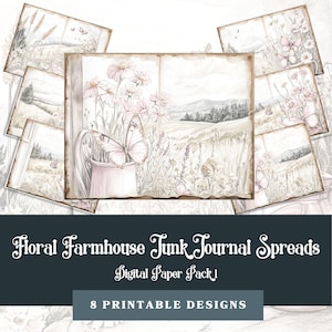 Florais de Fazenda | Páginas de Diário Vintage Caprichosas | 8 Papéis Digitais para Imprimir | Pacote com 1 11x8,5 polegadas, PDF e JPG 300 DPI