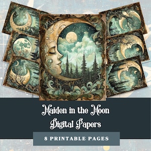 Maiden in the Moon Digital Papers – Conjunto de papéis para scrapbook imprimíveis 8,5 x 11, tema de floresta iluminada pela lua, suprimentos para diário de lixo, colagem de arte celestial