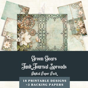 Könnte beinhalten: Digitale Junk-Journal-Seiten mit Vintage-Ästhetik. Das Design zeigt Zahnräder, florale Elemente und einen Kartenhintergrund in Grün-, Creme- und Brauntönen. Der Text lautet "Green Gears Junk Journal Spreads Digital Paper Pack".