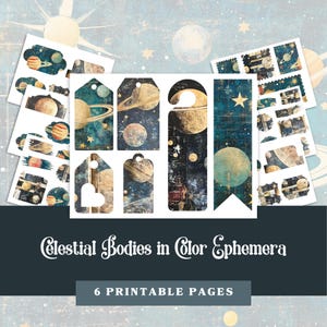 Kit Galactic Ephemera: Recortes Cósmicos para Diário de Lixo | Tema Corpos Celestiais em Cores | ARQUIVOS DIGITAIS | JPG