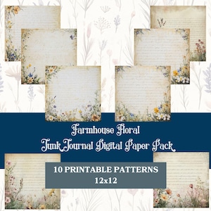 Florais de Fazenda | Páginas de Diário Vintage Caprichosas | 10 Papéis para Imprimir | Pacote com 3 30x30 cm, PDF e JPG 300 DPI