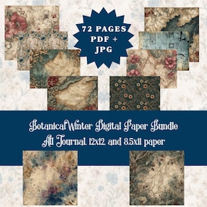 May include: A digital paper bundle featuring various vintage-style designs with floral and botanical themes. The bundle includes 72 pages in PDF and JPG formats, suitable for journals. The papers come in 12x12 and 8.5x11 inch sizes.