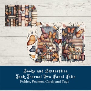 Pasta de diário Books and Butterflies Junk - Pasta de dois painéis para scrapbooking e artesanato - Download instantâneo, JPG, 300 DPI, 10 folhas bônus