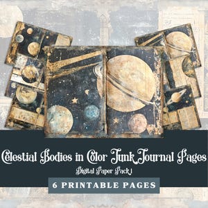 May include: Six printable pages featuring celestial bodies in a vintage style. The pages are distressed and have a dark blue background with gold and white accents. The pages are perfect for junk journaling or other paper crafts.