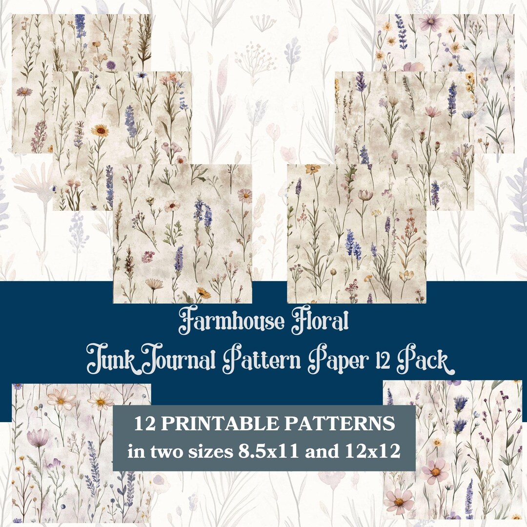 Farmhouse Floral Junk Journal Paper: Vintage Scrapbook Patterns (PDF ...
