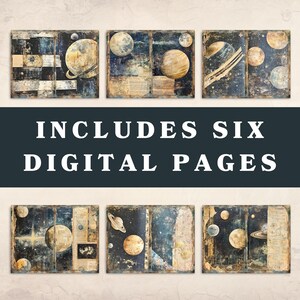 May include: Six digital pages featuring vintage-style illustrations of planets and celestial bodies. The pages have a distressed, aged look with a blue and brown color scheme.