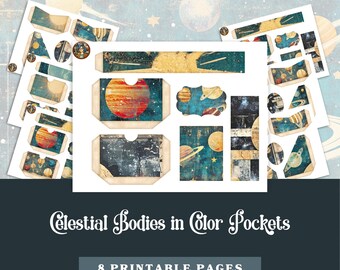 Puede incluir: Páginas imprimibles con cuerpos celestes en bolsillos de color. Las páginas incluyen imágenes de planetas, estrellas y galaxias. El texto "Cuerpos celestes en bolsillos de color" y "8 páginas imprimibles" está incluido en la imagen.