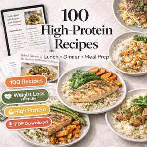 Op de afbeelding: Een promotieafbeelding voor een kookboek getiteld "100 High-Protein Recipes". De afbeelding toont borden met bereide maaltijden met zalm, groenten en rijst. Tekst op de afbeelding is onder meer "Weight Loss Friendly" en "PDF Download."