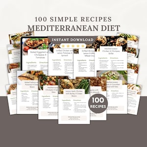 May include: A collection of recipe cards for a Mediterranean diet, featuring various dishes like grilled chicken, baked eggplant, and chickpea stew. The cards are arranged around a tablet displaying a recipe, with the text "100 Simple Recipes Mediterranean Diet."