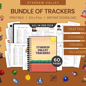 Peut inclure: Un ensemble de trackers Stardew Valley, imprimable au format 21,59 x 27,94 cm, disponible en téléchargement instantané. Le lot comprend 60 pages de trackers pour l'artisanat, la cuisine, la pêche et les villageois.
