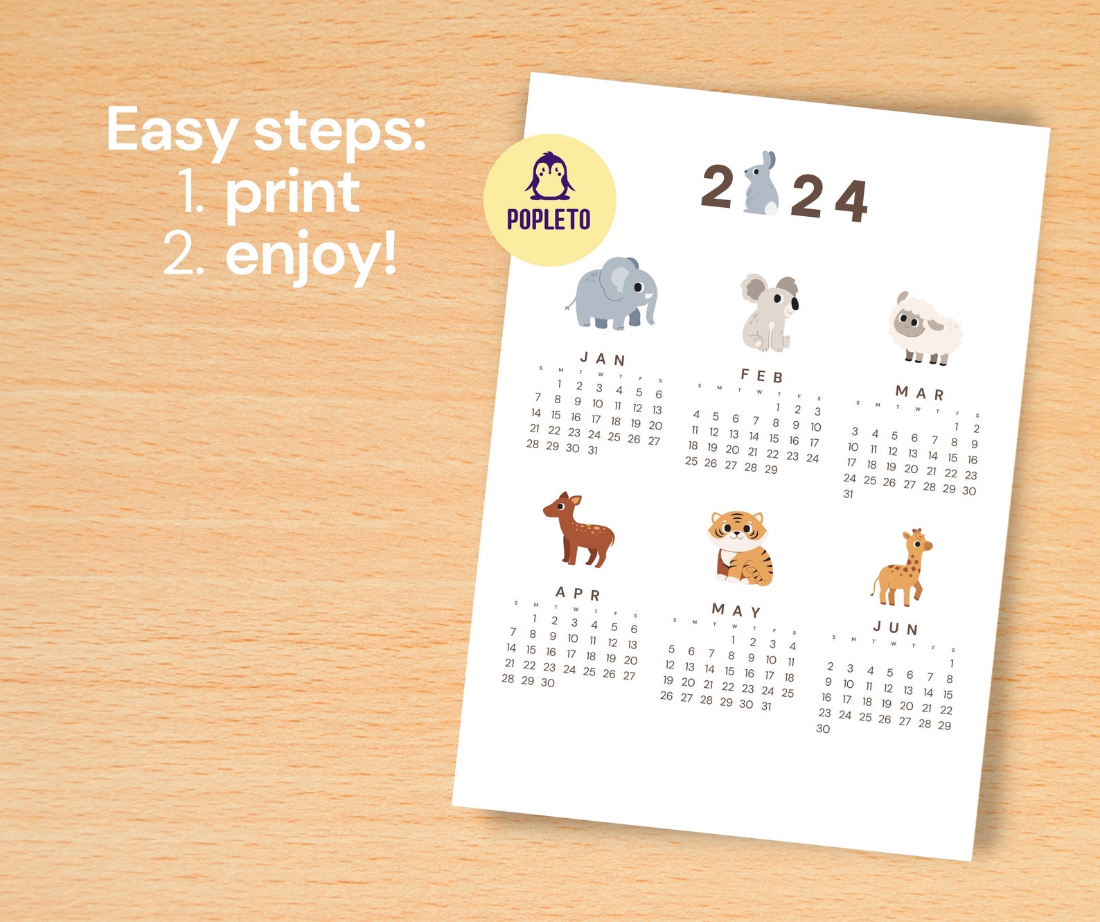 Printable Animals 2024 Calendar for Kids Digital Download and Printable