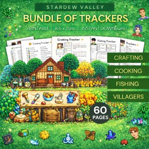 Könnte beinhalten: Ein digitales Download-Bundle von Stardew Valley Trackern. Das Bild zeigt eine farbenfrohe Illustration mit dem Text "BUNDLE OF TRACKERS" und "DRUCKBAR 21,6 x 27,9 cm | SOFORT-DOWNLOAD". Enthält Tracker für Handwerk, Kochen, Angeln und Dorfbewohner.