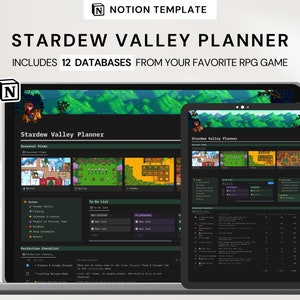 Peut inclure: Une capture d'écran d'un modèle Notion pour la planification dans le jeu vidéo Stardew Valley. Le modèle comprend 12 bases de données, telles qu'un calendrier, une liste de tâches et une liste de contrôle de la perfection. Le modèle est affiché sur un ordinateur portable et une tablette.