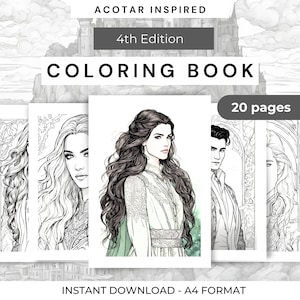 May include: A coloring book with 20 pages featuring illustrations inspired by the book A Court of Thorns and Roses. The cover shows a black and white illustration of a woman with long hair and a dress. The text "ACOTAR INSPIRED 4th Edition COLORING BOOK 20 pages INSTANT DOWNLOAD - A4 FORMAT" is on the cover.