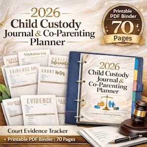 May include: A blue 2026 Child Custody Journal & Co-Parenting Planner with 70 pages. The cover features text and a scale graphic. Includes a gavel, court evidence tracker, and various forms for parent information, visitation logs, and court notes.