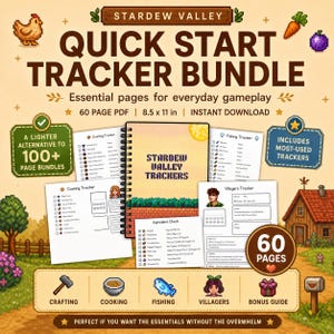Puede incluir: Un paquete de seguimiento Stardew Valley Quick Start Tracker Bundle en formato PDF de 60 páginas, 21,59 x 27,94 cm. Incluye una portada en espiral, hojas de seguimiento para cocina, pesca, aldeanos y una lista de verificación de ingredientes.