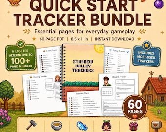 Peut inclure: Un ensemble de suivi Stardew Valley Quick Start Tracker Bundle au format PDF de 60 pages, 21,59 x 27,94 cm. Comprend une couverture à spirales, des feuilles de suivi pour la cuisine, la pêche, les villageois et une liste d'ingrédients.