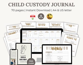 May include: A digital download of a child custody journal with 70 pages. The journal is designed to help parents organize and track important information related to their child custody arrangement. The journal includes sections for court dates, custody agreements, visitation schedules, expenses, and incident logs. The journal is available in A4 and US letter sizes.