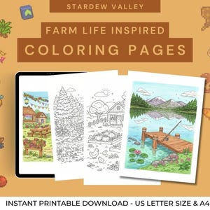 Könnte beinhalten: Digitaler Download von Malvorlagen zum Thema Stardew Valley. Das Bild zeigt drei Malvorlagen, eine farbig mit einer Seelandschaft und zwei Schwarz-Weiß-Strichzeichnungen vom Landleben. Der Text lautet "Farm Life Inspired Coloring Pages."