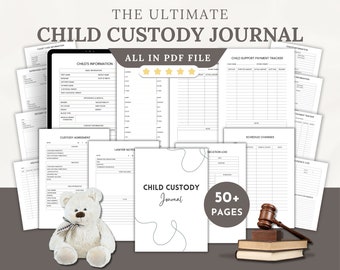 May include: A digital planner for child custody, featuring a teddy bear, a gavel, and a stack of books. The planner includes 50+ pages of forms and trackers to help parents manage child custody arrangements. The text "The Ultimate Child Custody Journal" and "All in PDF File" is visible on the cover.