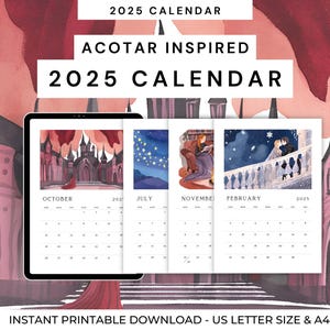 Calendario de pared 2025 inspirado en ACOTAR / Descarga instantánea en PDF / A4 y carta de EE. UU. / Calendario de fantasía imprimible para fanáticos / De Velaris a la Corte de Invierno