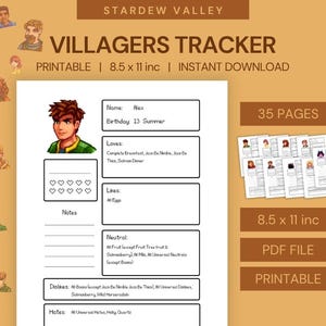 Stardew Valley Relationships Tracker | Printable PDF | Villager Profiles, Gift Preferences, Birthdays, Hearts & Tips Guide