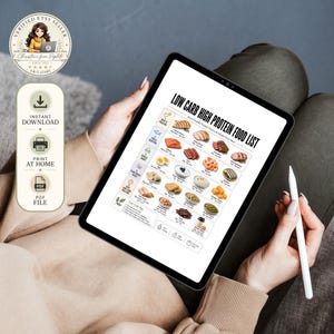 low carb high protein food list printable, keto protein foods chart, high protein low carb diet PDF, low carb food list, keto food list printable, protein food chart, high protein foods, protein rich foods, keto diet food guide, low carb grocery list, meal prep printable, lean meats, seafood, eggs, dairy, chicken, turkey, salmon, tuna, beef, shrimp, Greek yogurt, cottage cheese, tofu, nuts, seeds, A4 US Letter, instant download, free high protein planner bonus