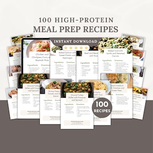 Pode incluir: Imagem com 100 receitas de preparação de refeições ricas em proteínas. As receitas são apresentadas em cartões, com pratos como "Frango com curry e grão de bico" e "Salmão assado". Cada cartão inclui ingredientes e instruções para uma preparação fácil.
